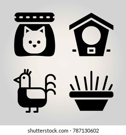 Animals vector icon set. cat food, bird house, chicken and bowl