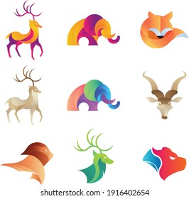 Animals Vector Icon Set. elephant, fox, lion, deer, bear, kudu. Isolated on white background.