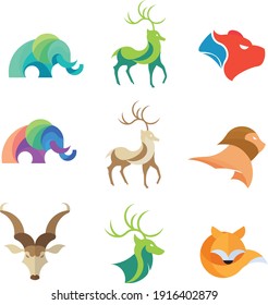 Animals Vector Icon Set. elephant, fox, lion, deer, bear, kudu. Isolated on white background. 