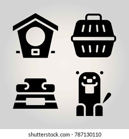 Animals vector icon set. full bowl, beaver, animal carrier and bird house