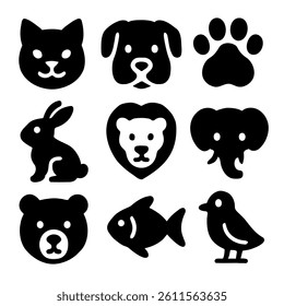 Animals vector icons set of black solid vector animal icons including cat, dog, rabbit, bear, lion, elephant, fish, bird, and paw print on a white background