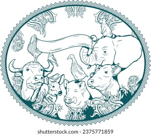 animals vector illustration. animals with banner, carabao. rooster, birds, deer, rabbit, pig, duck, cow, elephant