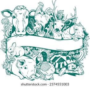 animals vector illustration. animals with banner, cow. rooster, deer, goat, rabbit, pig, duck, turtle