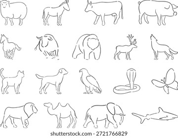 Animales de Ilustración vectorial de tinta negra de contorno. Diseño de icono de logotipo de arte de línea animal. Oveja, cerdo, caballo, burro, vaca, perro, gato, león, elefante, camello, serpiente, águila, ciervo, oso, lobo, mariposa, tiburón