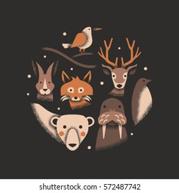 Animals, vector illustration, icon set, black background: rabbit, fox, walrus, polar bear, penguin, deer, bird