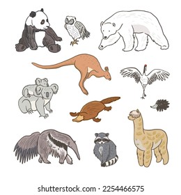 Animals vector illustrations set: panda bear, owl, bear, anteater, kangaroo, koala, platypus, raccoon, llama.