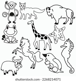 Animals vector Monkey Giraffe Fox Frog Bison Starfish Horse Yak Mole Sea horse
