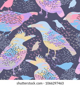 Animals vector seamless pattern. Artistic exotic birds in trendy modern style. Unusual design. Colorful fantasy background.