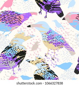 Animals vector seamless pattern. Artistic exotic birds in trendy modern style. Unusual design. Colorful fantasy background.