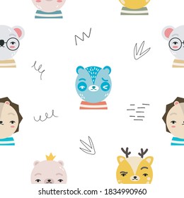 Animals vector seamless pattern design for kids in trendy scandinavian style