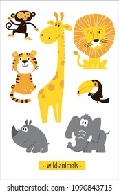 Animals vector set. Cartoon Monkey, giraffe, lion, hippo, elephant, tiger, toucan. Perfect for wallpaper, print, packaging, invitations, Baby shower, birthday party, patterns, travel, logos etc