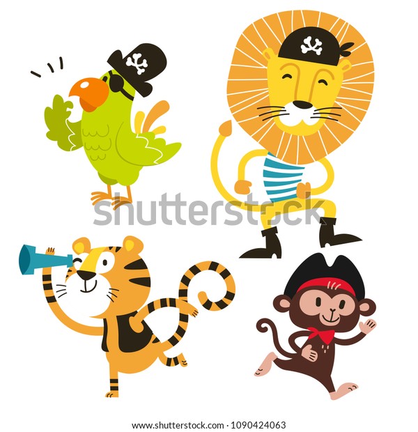 動物のベクター画像セット 漫画の猿 オウム 虎 ライオンの海賊 壁紙 印刷 パッケージング 招待状 ベビーシャワー 誕生日パーティー パターン 旅行 ロゴなどに最適 のベクター画像素材 ロイヤリティフリー