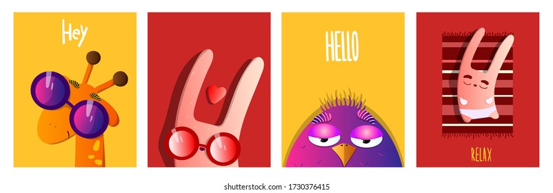 Animals vector set. Cartoon style. Funny and cute cards with characters for birthday, Valentine's day and other holidays. Vector stock flat illustration. Bright print
