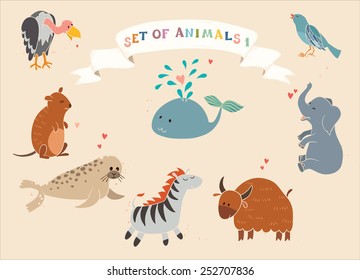 Animals vector set part 1. Hand-drawn style. Vulture, Quokka, seal, zebra, yak, elephant, whale, nightingale