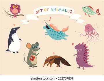 Animals vector set part 2. Hand-drawn style. Owl, penguin, mouse, anteater, dinosaur, unicorn, x-ray fish