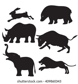 Animals vector silhouettes. Bear, rabbit, rhinoceros, bull, elephant, lion.