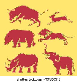 Animals vector silhouettes. Bear, rabbit, rhinoceros, bull, elephant, lion.