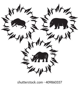 Animals vector silhouettes. Bear, rhinoceros, bull.