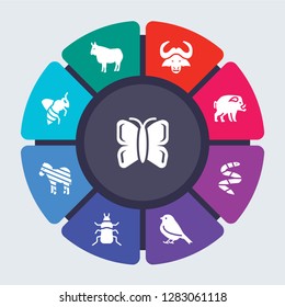animals vector template for infographics. Business concept with 9 options, steps, parts, segments. Banner infographic cycling diagram, round chart, Butterfly, Bull, Buffalo, Boar, blindworm icons