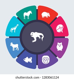 animals vector template for infographics. Business concept with 9 options, steps, parts, segments. Banner infographic cycling diagram, round chart, iguana, Horse, Hippopotamus, Hedgehog icons