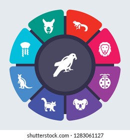 animals vector template for infographics. Business concept with 9 options, steps, parts, segments. Banner infographic cycling diagram, round chart, Macaw, Llama, Lizard, Lion, Ladybug icons