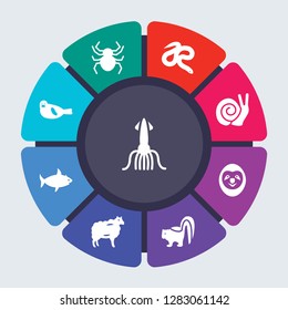 animals vector template for infographics. Business concept with 9 options, steps, parts, segments. Banner infographic cycling diagram, round chart, Squid, Spider, Snake, Snail, Sloth icons