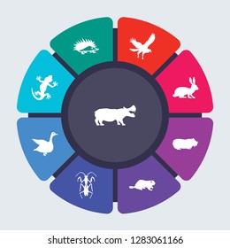 animals vector template for infographics. Business concept with 9 options, steps, parts, segments. Banner infographic cycling diagram, round chart, Hippo, Hegdehog, Hawk, Hare, Guinea pig icons