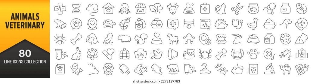 Colección de iconos de línea veterinaria y animales. Un gran icono de interfaz de usuario en un diseño plano. Paquete de iconos de contorno delgado. Ilustración del vector EPS10