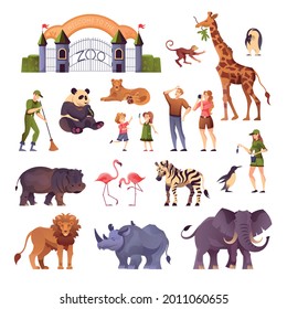 Animals visitors and workers of the zoo in one set flat vector illustration