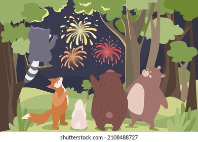 Animals watch fireworks concept background. Cute pets celebrate holiday in forest. Bears, rabbit, fox and raccoon look at glowing explosions lights in sky. Vector illustration in flat cartoon design