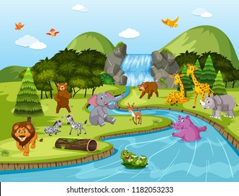 Animals In Waterfall Scene Illustration