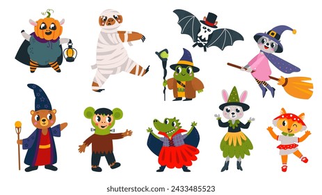 Animals wear halloween costumes. Wizard and witch, bat and egyptian mummy. Cute childish mascots, fairy tale characters. Isolated classy animal vector set