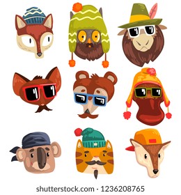 Animals wearing hipster hats and sunglasses, animal portraits cartoon vector Illustration on a white background