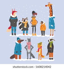 Animals Wearing Warm Clothes Collection, Platypus, Hedgehog, Fox, Scarf, Giraffe, Ram, Raccoon, Badger, Tiger, Humanized Animal Characters Vector illustration