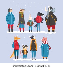 Animals Wearing Warm Clothes Collection, Raven, Fox, Seal, Elephant, Badger, Mouse, Rabbit, Dog, Humanized Animal Characters Vector illustration