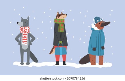 Animals Wearing Warm Winter Clothes Walking in Snowy Weather Vector Set