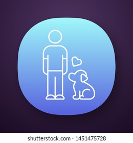 Animals welfare and help app icon. Pup and master. Pet adoption from shelter. Volunteer activity. Man with faithful dog. UI/UX user interface. Web or mobile application. Vector isolated illustration