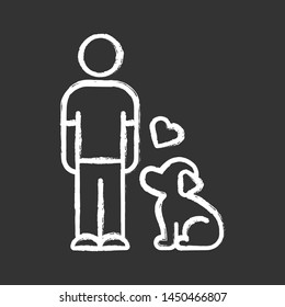 Animals welfare and help chalk icon. Pup and master. Pet adoption from shelter. Animal emotional support. Volunteer activity. Man with faithful dog. Isolated vector chalkboard illustration