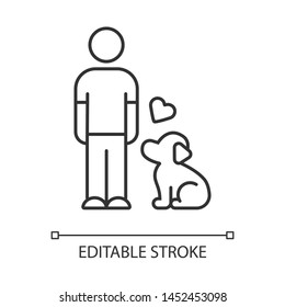 Animals welfare and help linear icon. Pup and master. Pet adoption from shelter. Volunteer activity. Thin line illustration. Contour symbol. Vector isolated outline drawing. Editable stroke