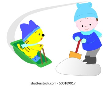 The animals which are idle by a sled.