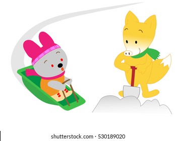 The animals which are idle by a sled.