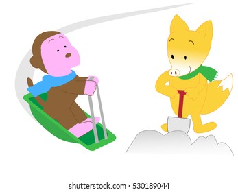 The animals which are idle by a sled.