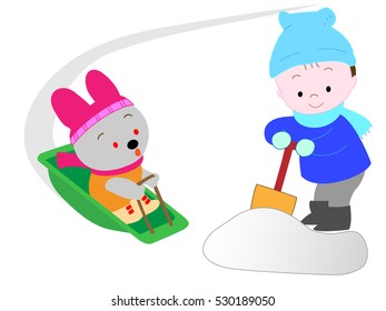 The animals which are idle by a sled.