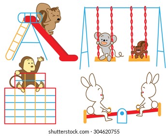 The animals which are idle in a playground equipment happily