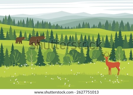 Animals in the wild. Deer and mother bear with cub walking in beautiful forest and meadow with flowers. Beautiful landscape illustration of nature with deer and bear.