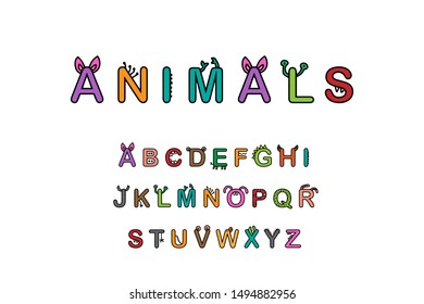 Animals wild and domestic hand drawn aplhabet for kids abc in cartoon style colorful minimalism