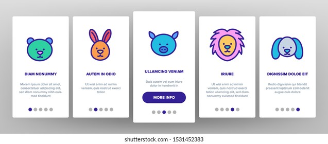 Animals Wild And Farm Onboarding Mobile App Page Screen Vector Thin Line. Bear And Rabbit, Pig And Cow, Elephant And Lion, Monkey And Horse Animals Concept Linear Pictograms. Illustrations