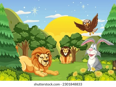 Animals in the wild forest illustration