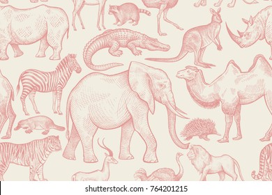 Animals of wild world seamless pattern. Elephant, giraffe, kangaroo, tiger, lemur, ostrich, lion, crocodile, zebra, camel, rhinoceros, echidna, antelope, platypus, raccoon, ostrich. Red, white. Vector