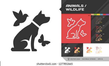 Animals or wildlife black glyph silhouette and editable stroke thin outline single icon with dog, flying bird and insect butterfly pet symbol.